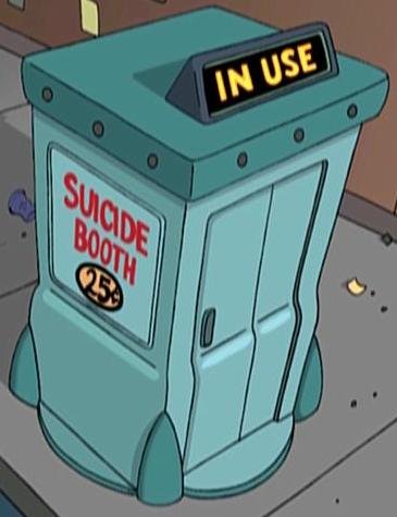 Futurama's iconic 25-cent suicide booth, in use