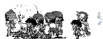 Pixel-art comic strip, gamers gathered around a campfire