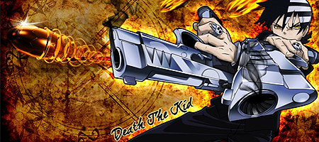 Death The Kid anime GFX signature with fiery background