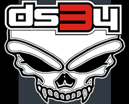 Skull logo with 'ds34' graffiti tag overhead