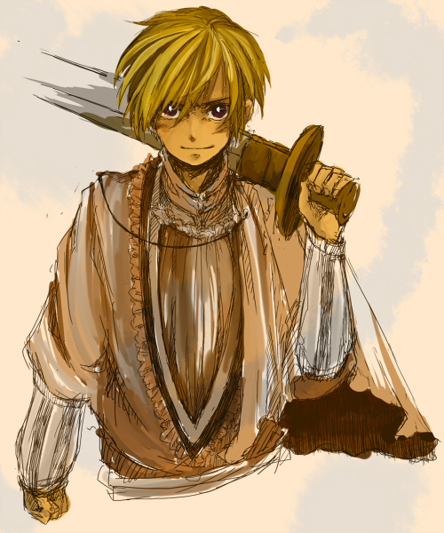 Sketchy anime boy with sword slung over shoulder
