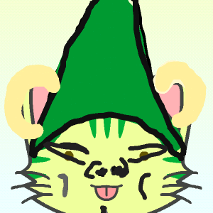 Grinning cartoon cat in a green wizard hat
