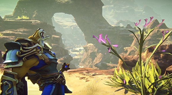 EverQuest Next armored hero amid rocky canyon vista