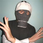 Masked mystery mod, hands up in classic forum photo