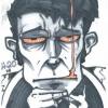 Gritty sketched portrait, cigarette smoke and shattered glass vibes
