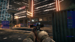 First-person shooter gameplay in a neon-lit urban level