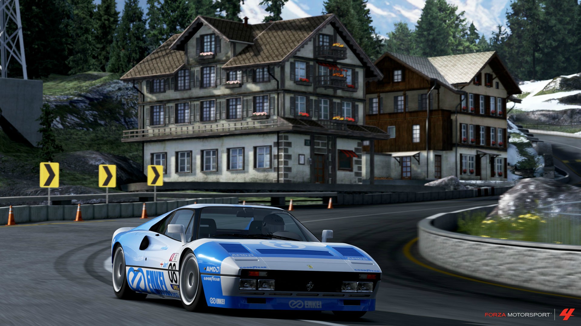 Ferrari 288 GTO racing through Forza Motorsport 4's alpine village