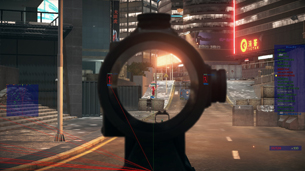 Sniper scope view over a rainy neon-lit city street