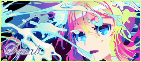 Colorful splash-art signature with anime girl and cursive tag