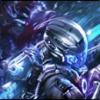 Futuristic armored figure amid glowing blue digital energy