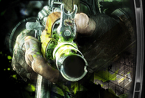Gritty soldier aiming a scoped rifle, game-art style
