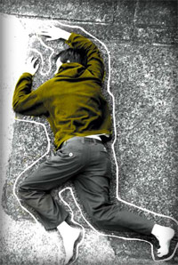 Chalk-outline breakdancer GFX, gritty street-art vibe