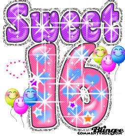 Glittery Sweet 16 birthday graphic with balloons