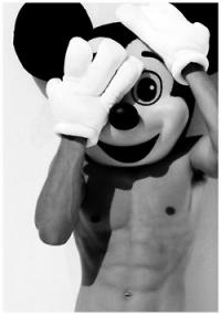 Shirtless guy peeking through Mickey Mouse gloves