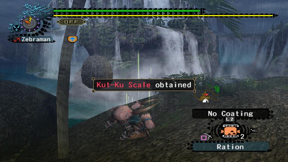 Monster Hunter battle screenshot from waterfall stage