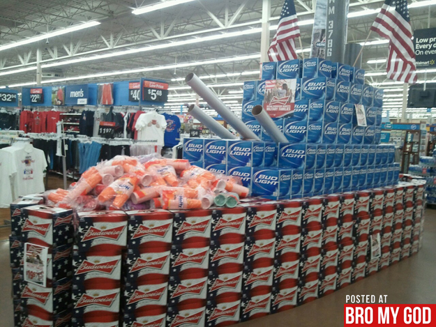 Budweiser battleship display, patriotic Walmart beer art