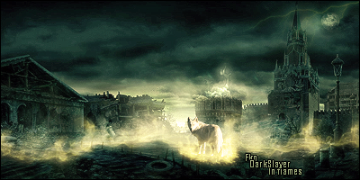 Dark fantasy horseman GFX signature, moody cityscape