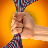Fist gripping colorful cables, striking stock GFX