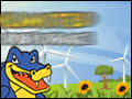 Cartoon gator with wind turbines and sunflowers