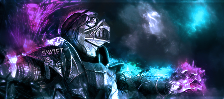 Armored warrior GFX signature with mystic purple-blue effects