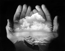 Surreal hands cradling clouds and a lonely boat