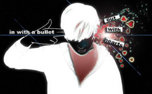 White-haired anime figure GFX with bullet and hearts