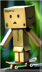 Danboard cardboard robot cruising on a skateboard