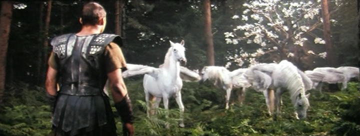 Warrior faces mystical white horses in enchanted forest