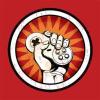 Raised fist clutching a gear, protest-style forum art