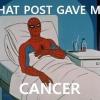 Spider-Man meme blaming a forum post for cancer
