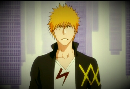 Anime character screenshot, orange-haired protagonist glaring intensely