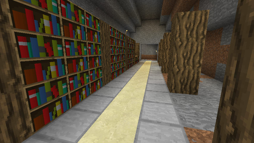 Minecraft library build with bookshelves and torch path