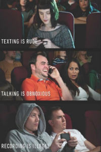 Classic movie theater etiquette meme, forum-shared humor