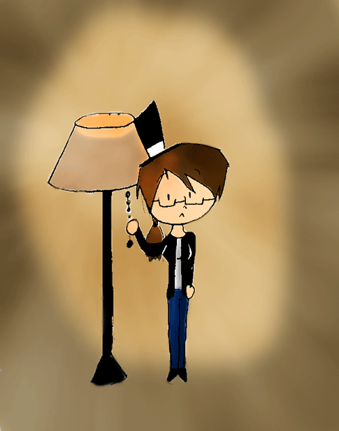 Cartoon guy in top hat beside floor lamp