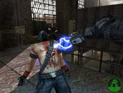 TimeShift screenshot: robotic arm zaps shirtless enemy