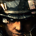 Gritty soldier avatar with helmet and intense gaze