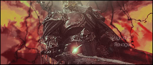 Dark armored skull warrior signature with fiery red backdrop