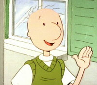 Cartoon character waving hello from a window