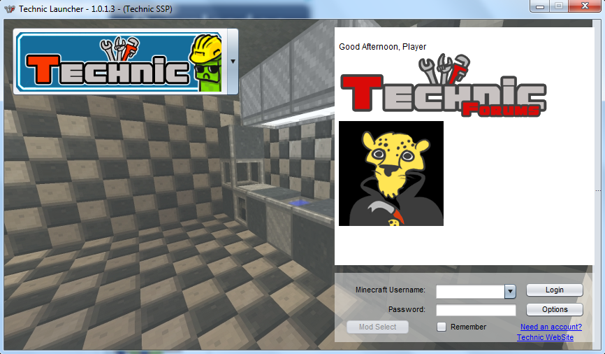 Old Technic Launcher login screen, Tekkit nostalgia