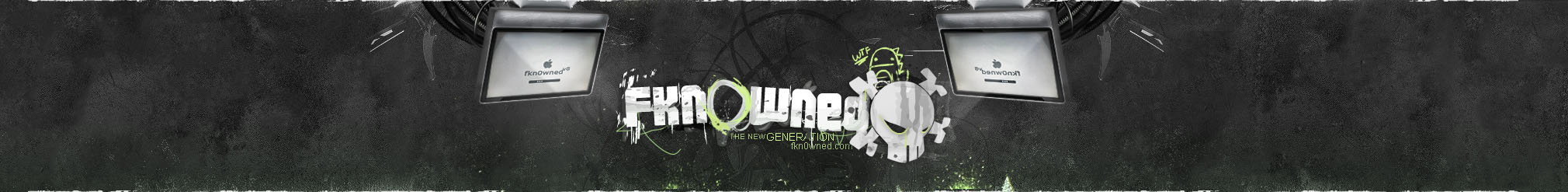 Classic Fkn0wned crew banner with skull and monitors