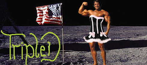 Arnold flexing in a dress on the moon, iconic forum meme