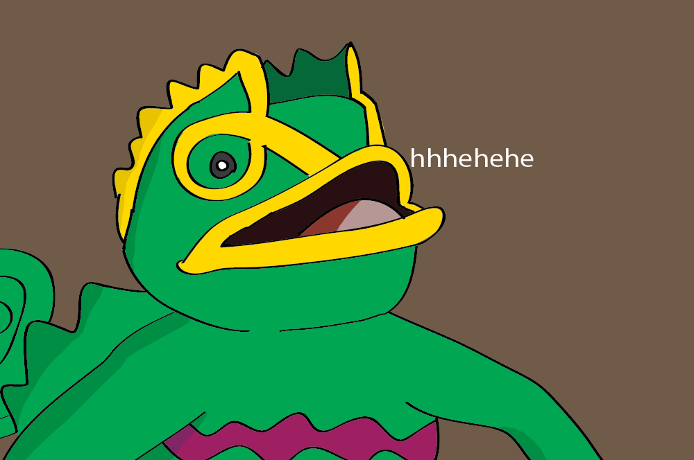 Chuckling green lizard meme, classic forum reaction pic