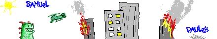Doodle chaos: Samuel, Paules, a green monster, and fiery buildings